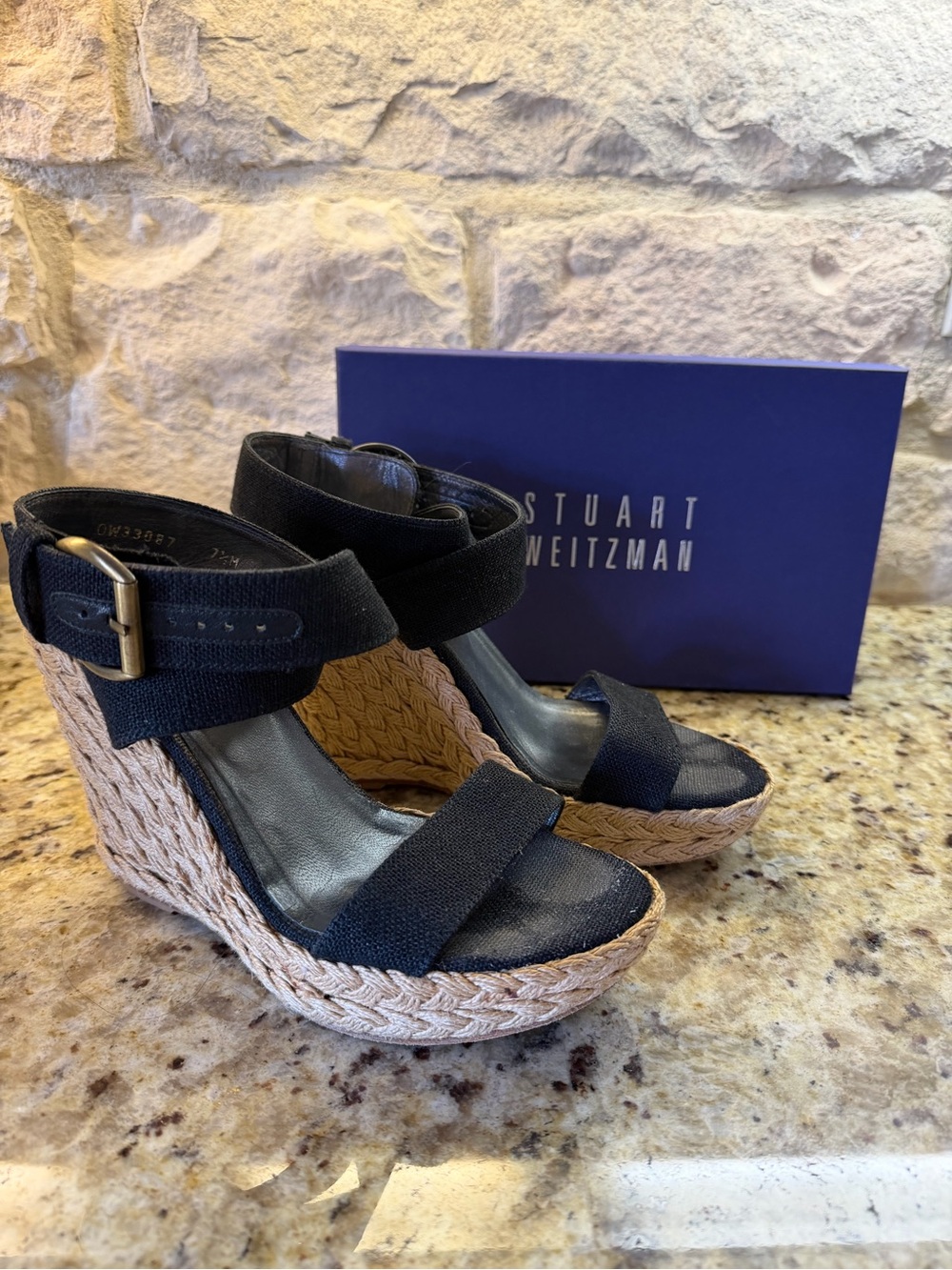 Stuart Weitzman Black Linen Espadrille X Ray Wedges